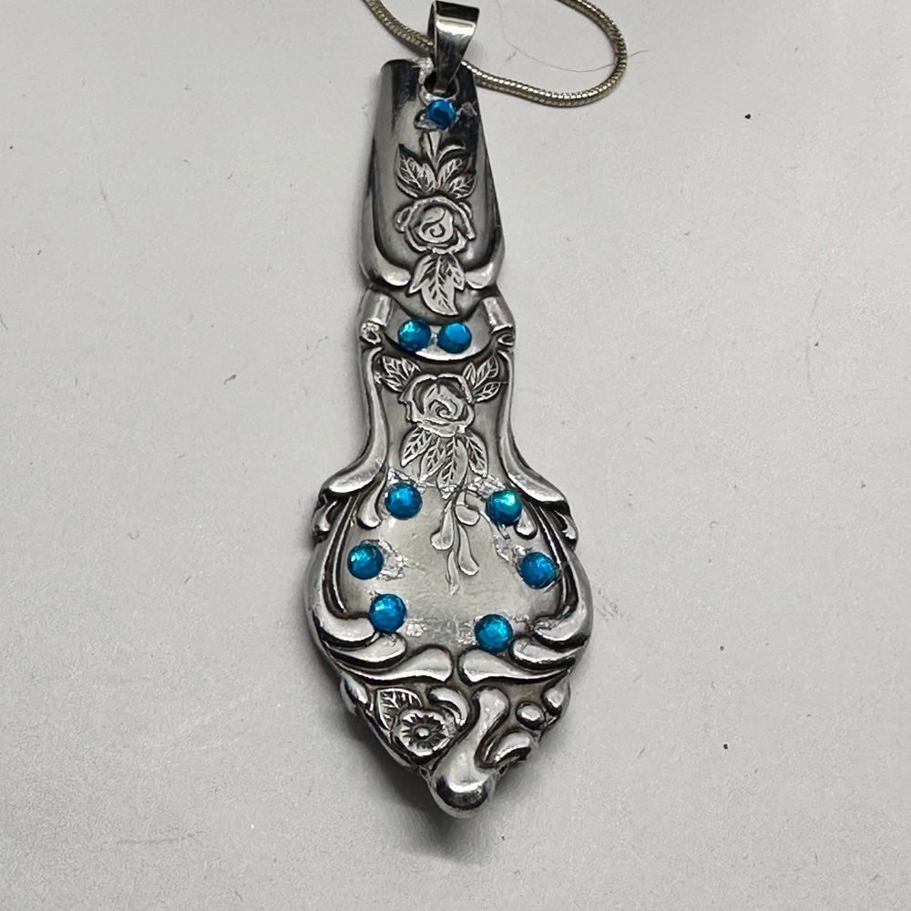 Artisan spoon handle Silver and Blue Floral Necklace